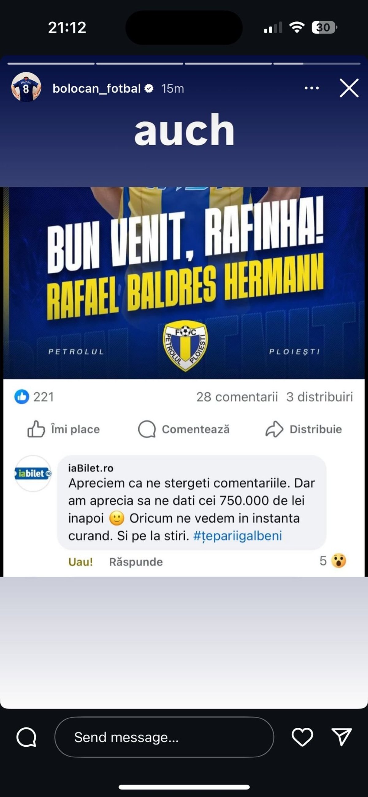 Mesajul de la care a pornit scandalul public dintre Petrolul și iabilet.ro