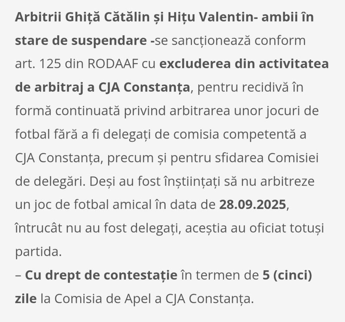 Decizia excluderii din arbitraj a tușierilor Cătălin Ghiță și Valentin Hițu