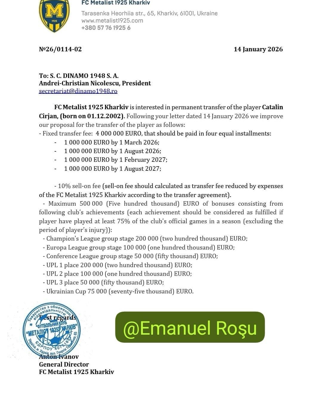 Cătălin Cîrjan este cotat la 2.500.000 de euro, potrivit Transfermarkt