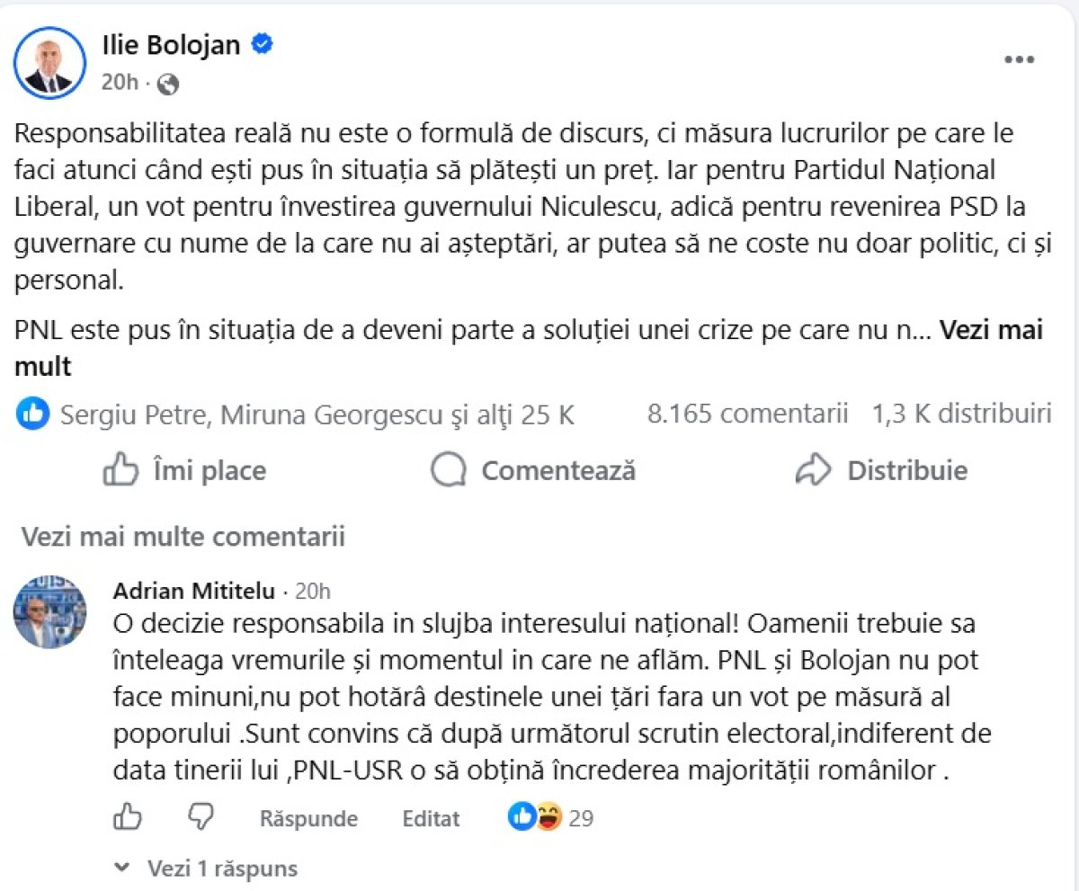 Postarea lui Ilie Bolojan și comentariul lui Adrian Mititelu