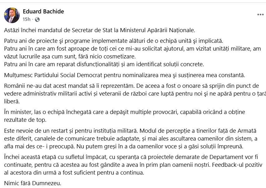 Postarea prin care Eduard Bachide și-a anunțat demisia