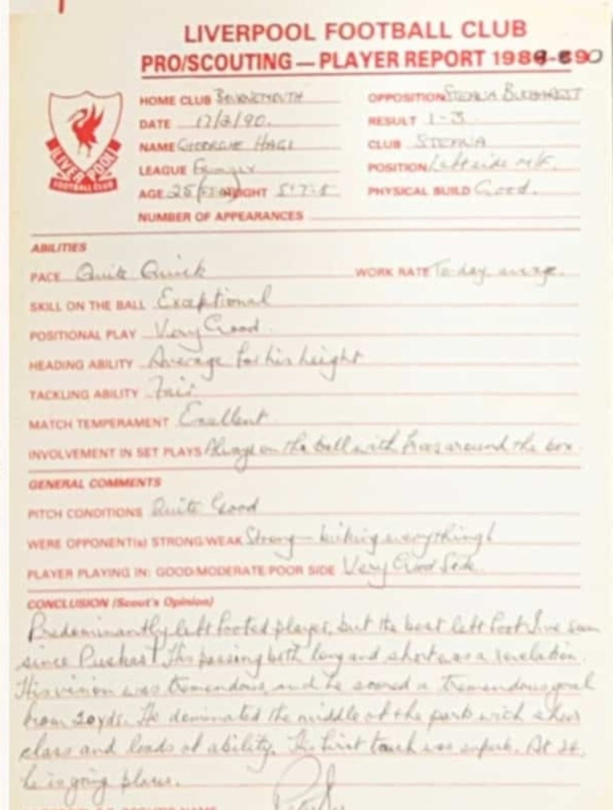 Raportul de scouting efectuat de Liverpool.