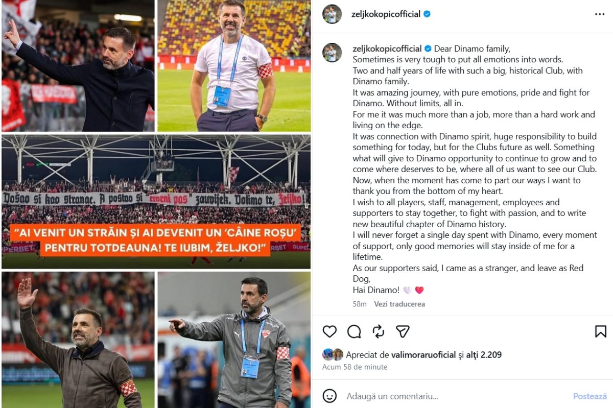 Mesajul lui Zeljko Kopic postat pe contul său de Instagram