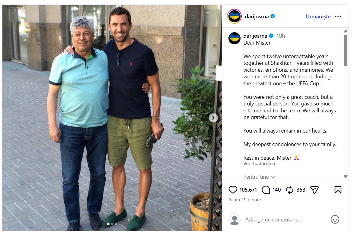 Postarea lui Darijo Srna după moartea lui Mircea Lucescu