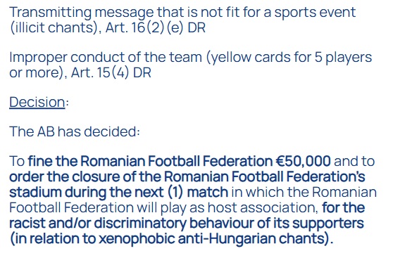 UEFA a anunțat că România va juca un meci cu porțile închise din cauza scandărilor împotriva... Ungariei