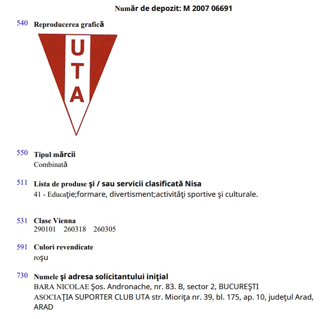 Marca UTA este deținută de Suporter Club UTA