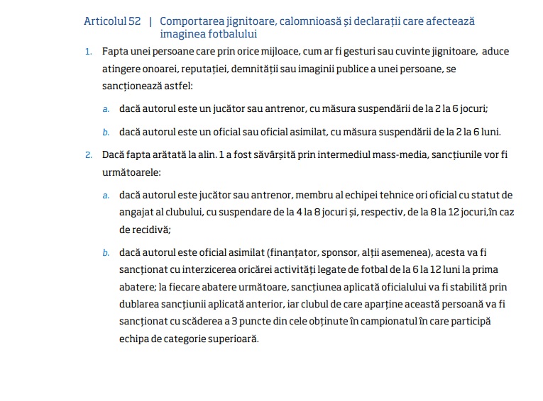 Articolul 52 din Regulamentul Disciplinar al FRF